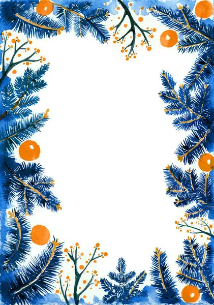 Каркас Сосновых Ветвей Декора Синий Оранжевый Белое Пространство Копирования Апельсиновые — стоковое фото