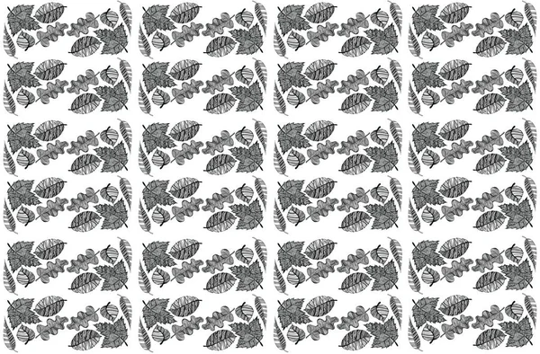 Pattern of black and white leaves of different species on a white background. Doodle. Leaves of maple, oak, willow and other trees. From thin delicate lines and strokes in different directions.