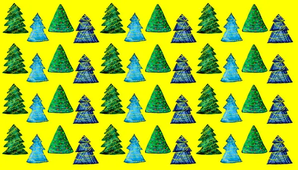 Μοτίβο Χριστουγεννιάτικων Δέντρων Διαφορετικές Διακοσμήσεις Κίτρινο Φόντο Στυλιζαρισμένα Τριγωνικά Σχήματα — Φωτογραφία Αρχείου