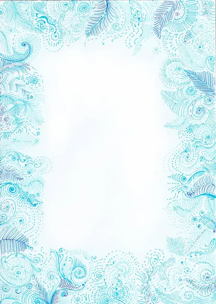 A frame made of decorative elements of various shades of blue. White blue place for text. A pattern of delicate thin lines, curls, dots. It looks like frost on the window. Winter.