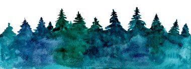 Panorama of coniferous trees on a white background. Watercolor blur. Different shades of blue, turquoise and green. Paper texture. Stylized coniferous trees. clipart