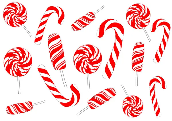 Popsicles of different shapes in red and white stripe isolated on white background. Popsicles are round twisted into spiral on stick, rectangular and hooks. Red stripes of different thickness.