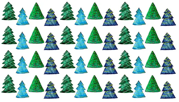 Pattern of decorative Christmas trees on white background. Christmas trees have different shapes, colors, decorations. Different shades of green, blue. Decor of various lines, dots, waves, zigzags.