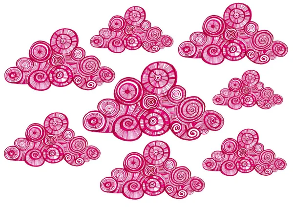 Set of pink decorative clouds in doodle style randomly arranged on a white background. Clouds of different sizes. They consist of circles, curls, spirals, thin lines and strokes. Stylization.