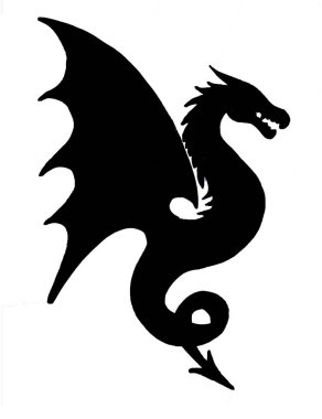 Profilde bir ejderhanın siyah silueti. Beyaz arka planda izole edilmiş. Ejderha sağa bakıyor. Ağzını ve kanatlarını açmış. Kuyruk kıvrılır ve küçük bir okla biter. Basit bir çizim..