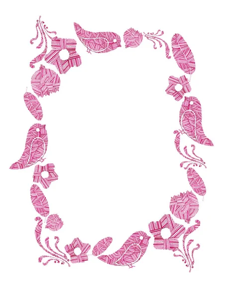 Çiçeklerin pembe unsurları, kuşlar, dekoratif bukleler. Beyaz arkaplan, kopyalama alanı. Doodle tarzı. Elementler çizgiler, vuruşlar ve noktalardan oluşur. Çiçekler, farklı şekillerde yapraklar. Profildeki kuşlar.