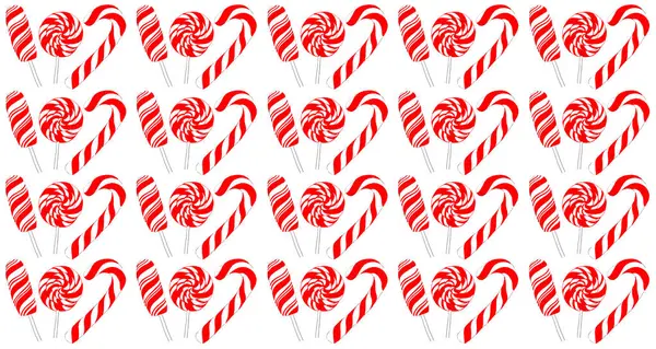 A pattern of lollipops on a stick of different shapes on a white background. Rectangular, round and hook-shaped. Popsicles in a red and white stripe. Form a repeating group of three candies.
