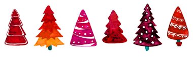 Beyaz arka planda farklı dekoratif Noel ağaçları. Kırmızı, pembe, turuncu renkler. Suluboya. Geometrik şekiller. Farklı bir stil. Üçgenler, noktalar, suluboya bulanıklığı.