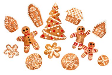 Beyaz arka planda zencefilli kurabiye seti. Zencefilli ekmeğin ortasında zencefilli kurabiye adamlar, kar taneleri ve evlerin etrafında bir Noel ağacı var. Suluboya. Beyaz camlı çizgiler. Kırmızı ve siyah.