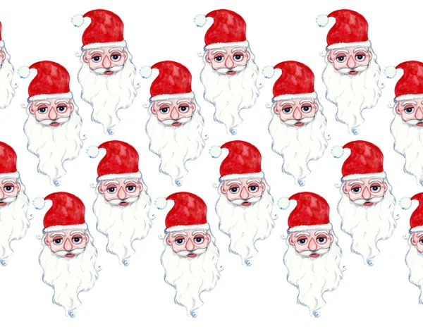 Pattern of portraits of Santa Claus on a white background. Santa\'s face is stylized. Red cap, fluffy white beard, mustache and eyebrows. Round blue eyes, drop nose. Watercolor illustration.