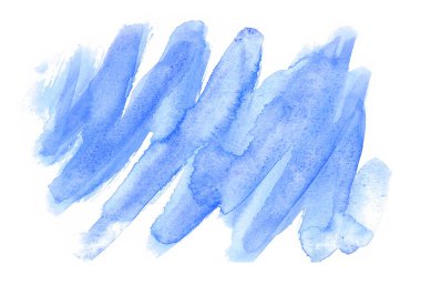 Suluboya bulanıklığının soyut noktası beyaz arkaplanda izole edilmiş. Mavinin yumuşak tonları. Noktanın zikzak şeklinde bir şekli var. Sağ taraf bulanık. Suluboya kağıdının dokusu görünür..