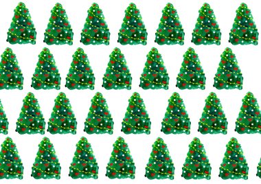 Beyaz arka planda Noel ağacı deseni var. Yeşilin çeşitli tonlarında suluboya lekelerden yapılmış Noel ağaçları. Kırmızı kurdeleler, beyaz toplar ve sarı ışıklar. Damalı bir şablon ile düzenlendi.