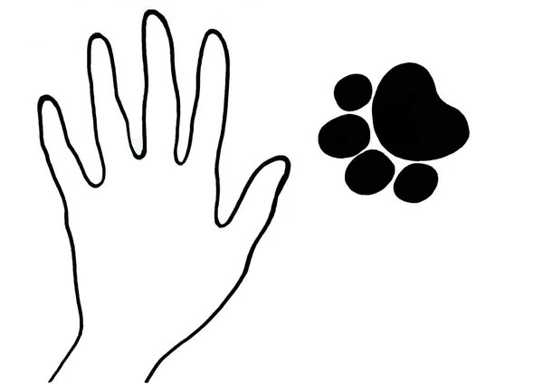 Silhouette of the palm of a human hand and the paw of an animal on a white background. Left hand, drawing with a black outline. The foot is filled with black. It looks like a cat. Eco friendly.