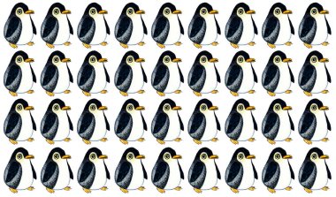 Beyaz arka planda yavru penguen deseni. Şekillendirilmiş çocuk çizimi. Koyu mavi ve siyah renk. Noktalı doku. Turuncu gaga ve bacaklar. Büyük yuvarlak göz. Komik karakterler.