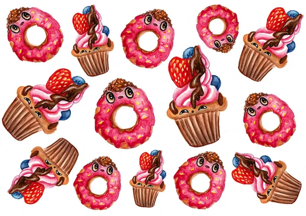 Donuts and cupcakes on white background. Watercolor. Donuts with pink glaze, various sprinkles, have big round eyes. Cupcakes with pink cream, chocolate frosting, berries, have small semicircle eyes.