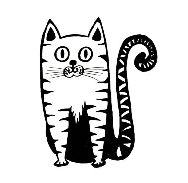 Dekoratif kedi tasviri. Beyaz arkaplana siyah renk çiziyorum. Kıvrık kuyruklu bir kedi bize doğru bakıyor. Çizgili. Büyük yuvarlak gözler, sivri kulaklar, gülümseme. Komik..