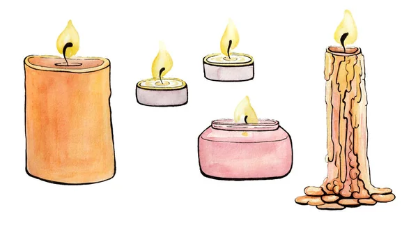 Set of different candles isolated on white background. Drawing with watercolor and black outline. A large, wide orange candle. Two small candles and in a pink jar. A thin long candle with flowing wax.