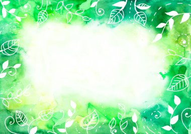 Yatay çerçeve. Yeşilin farklı tonları. Suluboya bulanıklığı. Ortası beyaz, kopyalama alanı. Dekoratif elementler ve yapraklar yeşil renkte ve beyaz çizgilerle. Çizgiler, bukleler, noktalı çizgiler. Doğa.
