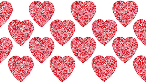 Patrón Corazones Rojos Sobre Fondo Blanco Doodle Lleno Adorno Líneas — Foto de Stock