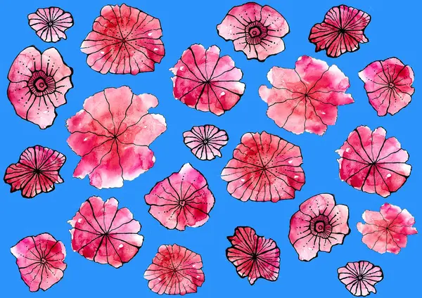 Set of different pink flowers with a black outline on a blue background. Flowers from watercolor spots and decor with black lines and dots. Different shades of pink, red, purple with white highlights.