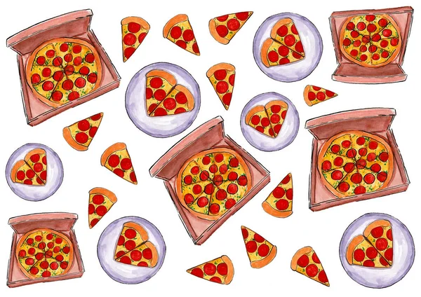 Set of pizzas on white background. Watercolor drawing with black outlines. Whole pizza in box. Two slices of pizza on heart shaped plate. Triangular pieces of pizza of different sizes. Pepperoni.