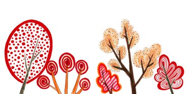 Beyaz arka planda izole edilmiş dekoratif ağaçlar. Karalama. Kırmızı, turuncu, kahverengi renkler. Sonbahar ağaçları. Farklı desenler ve dokular. Noktalar, çizgiler, daireler, spiraller. Soyutlama.