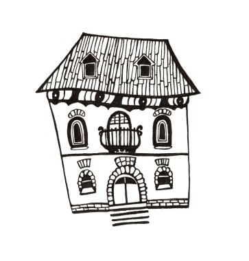 Beyaz arka planda izole edilmiş eski bir evin tasviri. Siyah çizgilerle çiziyor. Karalama. Bir sürü detay. Basitleştirilmiş formlar. Merdivenler, kapılar, çeşitli şekillerde pencereler, bir balkon, fayanslı çatı. vintage