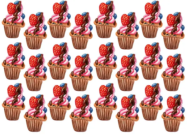 Cupcake pattern. White background. Cupcake characters with eyes. They have many toppings. Pink cream, chocolate frosting, lots of berries. Strawberry, blueberry. Watercolor painting. Chess order.