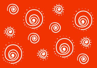 Soyut arkaplan. Beyaz spiraller ve farklı boyutlarda noktalar. Kırmızı arka planda kaotik bir yer. Paket kağıdı, duvar kağıdı, dekor.