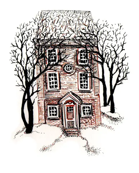 Illustration of an old house. Around the tree. Line drawing. Brown and black colors. Isolated on white background. Detailing with lines and dots. Autumn or winter is depicted. vintage