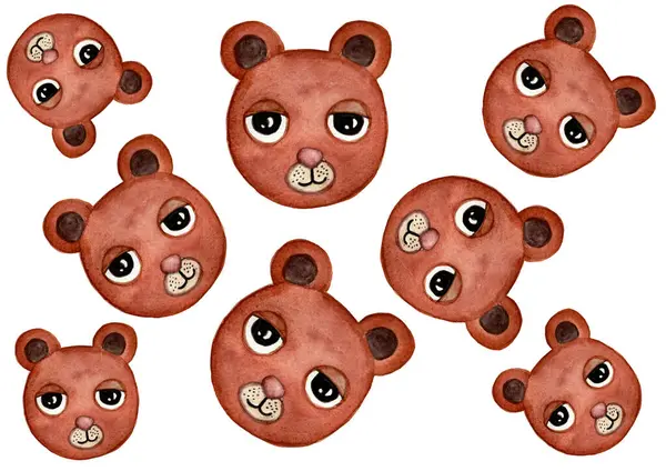 Set of stylized portraits of bears. Isolated on white background. Teddy bears of different sizes are chaotically arranged on the background. Brown color. Big, round eyes. Watercolor. The bear is kind.