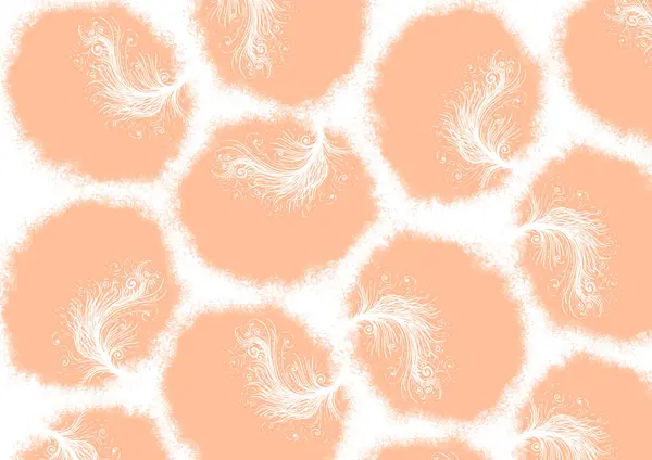 Abstract background. Pattern of peach fuzz spots on white. Inside spots are decorative elements resembling feathers. Thin lines, curls, spirals and dots. Peach circles have dot texture around them.