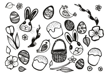 Paskalya sembolleri ve elementleri. Karalama. Siyah çizim. Beyaz arka planda izole edilmiş. Paskalya yumurtaları, tavşanlar, kekler, kuşlar, çiçekler, söğüt tomurcukları, yapraklar, sepet. Elementler stilize edilmiştir..