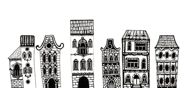 Panorama of old houses. Drawing with a black outline. Isolated on white background. All buildings are different. Detailed. Free hand. Stylization.