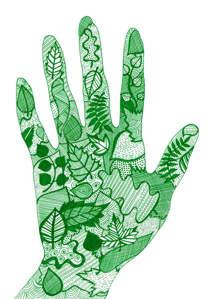 The palm of the hand filled with leaves. Different types of leaves have different textures. Lines, dots, dashes, circles, dotted lines. Doodle. Green color. Isolated on white background. Eco friendly.