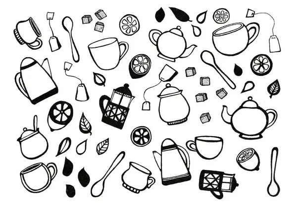 A set of tea party elements. Black outline. Doodle. Isolated on white background. Teapots, cups, spoons, French press, sugar bowls, lemons, leaves, sugar cubes, tea bags.