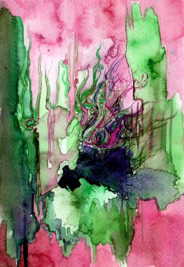 Farklı noktaların, şekillerin ve renklerin soyut çizimi. Suluboya. Merkezde ince çizgilerin küçük detayları var. Kaotik noktalar, suluboya bulanıklığı. Pembe ve yeşilin farklı tonlarında. Koyu mavi noktalar.