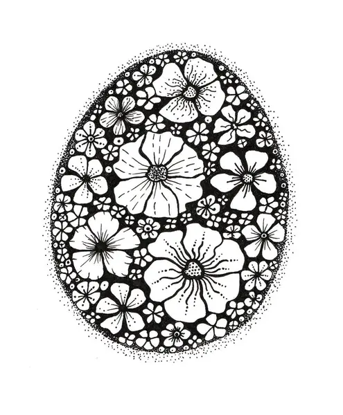 Easter egg filled with ornament. The ornament consists of flowers of various shapes and sizes. Dots along the contour of the egg. Drawing with a black outline. Isolated on white background. Doodle.