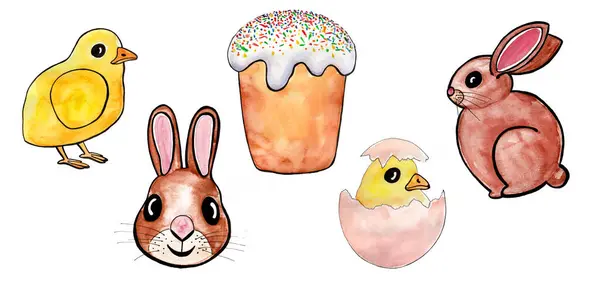 Set of elements of Easter symbols. Chicken and rabbit in profile. Portrait of rabbit in front. Chick in shell, just hatched. Easter cupcake. Watercolor and black outline. Isolated on white background.