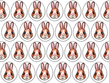 Paskalya yumurtalarında tasvir edilen tavşan portreleri. Ön taraftaki portreler, ovalara kazınmış, siyah bir hatla çizilmiş. Tavşanlar gülümsüyor. Suluboya ve siyah çizgiler. Beyaz arkaplan.