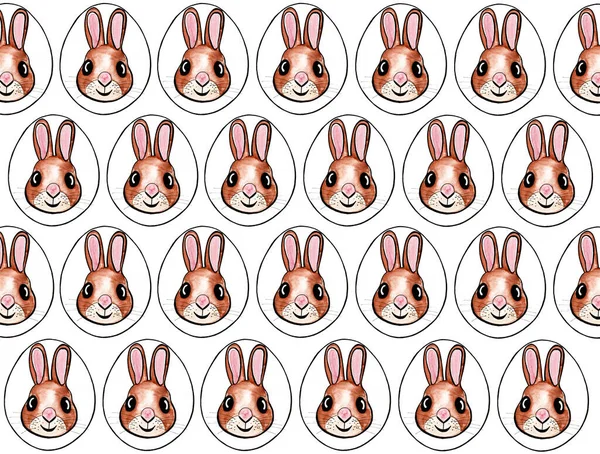 Paskalya yumurtalarında tasvir edilen tavşan portreleri. Ön taraftaki portreler, ovalara kazınmış, siyah bir hatla çizilmiş. Tavşanlar gülümsüyor. Suluboya ve siyah çizgiler. Beyaz arkaplan.