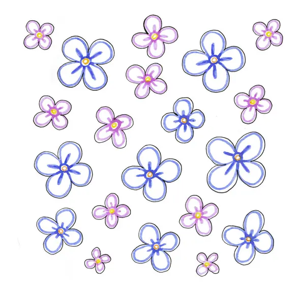 A set of simple flowers on a white background. Flowers consist of four petals and a center. Drawing with a black outline. The middle is yellow. Blue and purple outlines on flowers. Different in size.