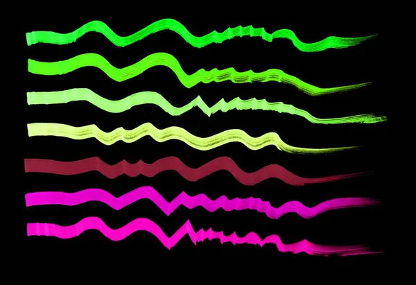 A set of horizontal curved lines. Black background. The lines start straight, then become wavy, zigzag and end with a dry brush texture. From left to right. Different shades of green, yellow, pink.