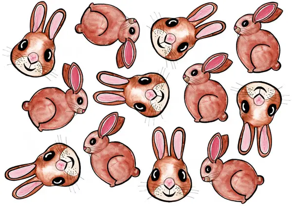 Set of rabbits randomly arranged on white background. Rabbits in profile. Portraits of rabbits in face, smiling. Drawing with watercolor and black outline. Brown and pink colors. Stylization.