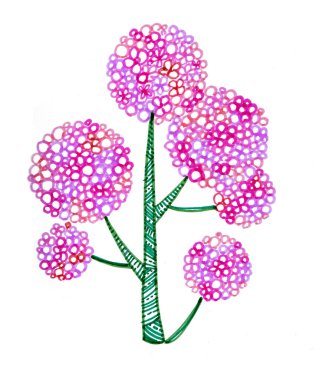 Beyaz arkaplanda izole edilmiş şekillendirilmiş ağaç. Karalama. Bagaj, dallar darbelerle dolu. Yeşil renk. Ağaç taçları daha küçük dairelerle dolu çemberlerden oluşur. Pembenin farklı tonları.