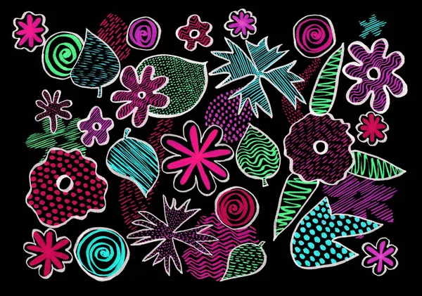 Flowers and leaves in doodle style. Different colors and white outline. Pink, purple, blue, green. Black background. Elements are filled with different textures. Lines, dots, waves, zigzags, spirals.