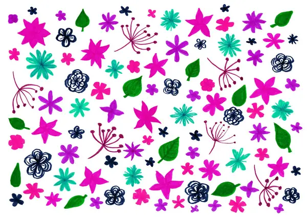 The white background is filled with colorful flowers and leaves. Various simple shapes and sizes. Chaotically located. Cast color or line drawing. Different shades of pink, purple, blue, green colors.