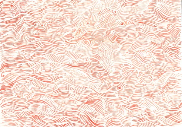 Abstract texture background. Decorative waves of delicate thin lines and curls of different lengths, sizes. Lines of peach fuzz color on white background. Watercolor. Different shades of peach color.