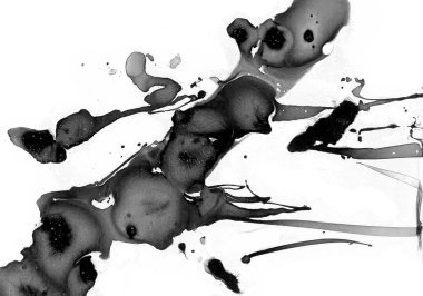 Soyut siyah ve gri nokta kaotik bir şekilde beyaz arka plana döküldü. Damlalar ve çizgiler. Bulanıklığın farklı tonları.