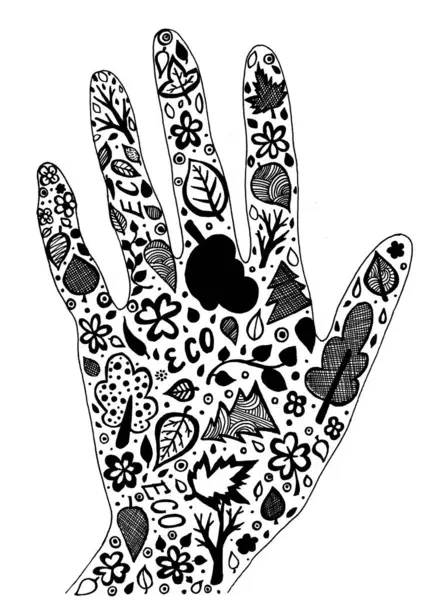 Silhouette of hand palm with environmental symbols. Doodle. Black color. Isolated on white background. The hand has black outline. Filled with various leaves, trees, dots, ECO words. Strokes and lines
